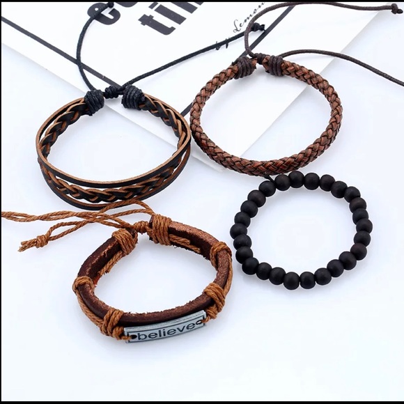 Leather beads braided wrap cuff link bracelet - Picture 3 of 6